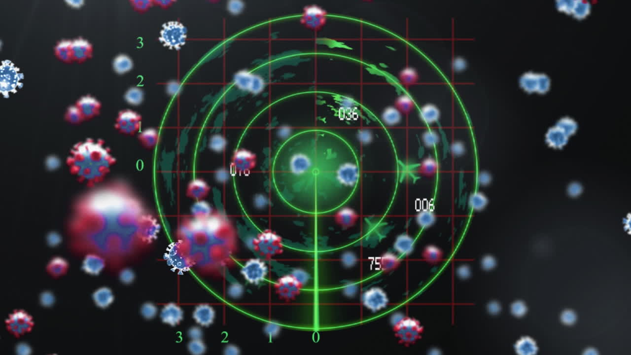 비행 레이더 위에서 떠다니는 매크로 코로나19 세포의 애니메이션
