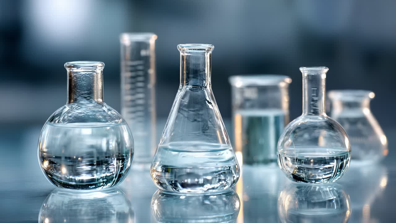 A Close-Up View of Various Laboratory Glassware Filled with Clear Liquid, Highlighting Scientific Equipment Essential for Chemistry Experiments and Research Undertakings