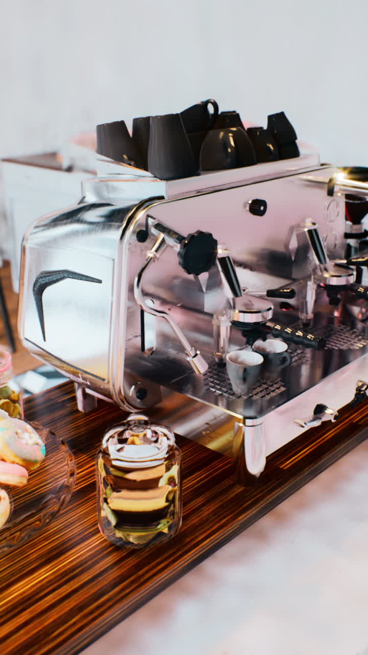 un primer plano de una máquina de espresso profesional en una cafetería