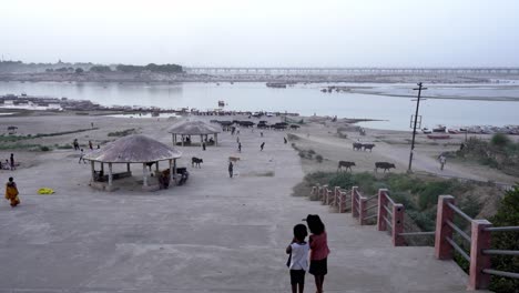 riverside life at the ganges in india with people, animals, and boats