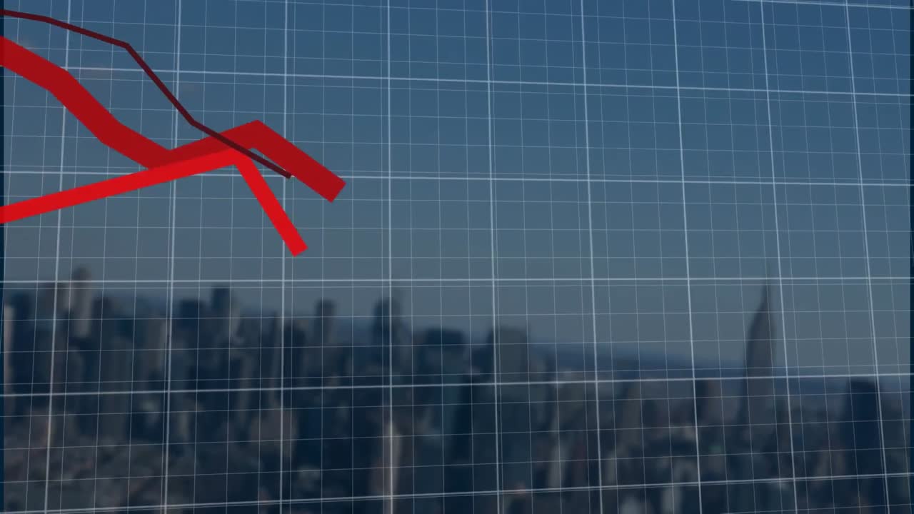 Animation of statistical data processing over grid network against view of tall buildings