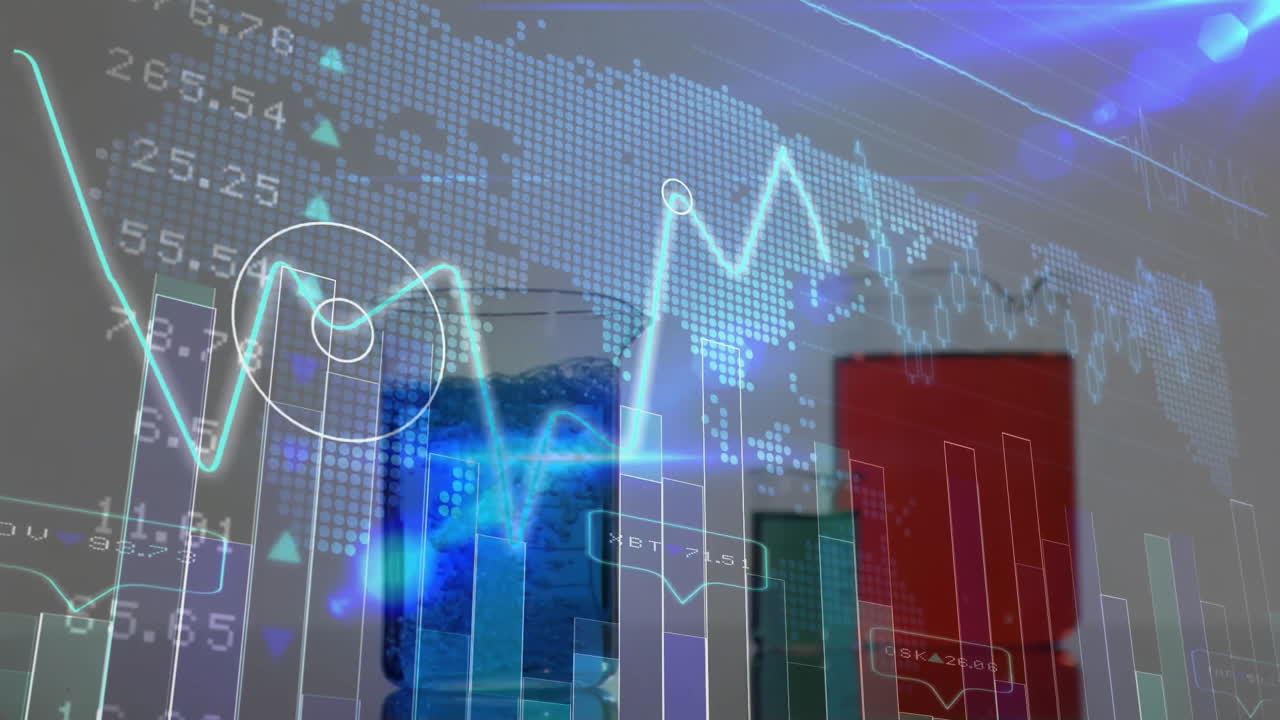 animación de datos financieros y análisis del mercado de valores sobre vidrio de laboratorio