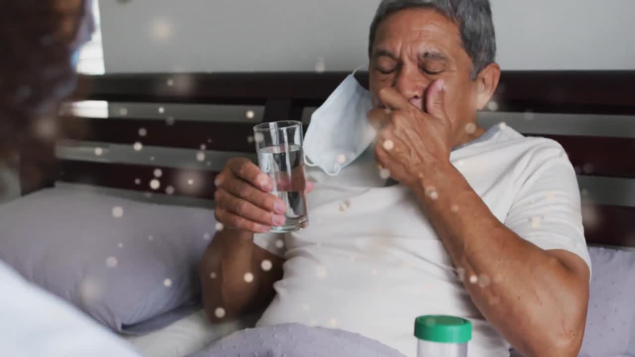 animación de puntos de luz sobre diversos médicos y pacientes hablando y tomando medicamentos.