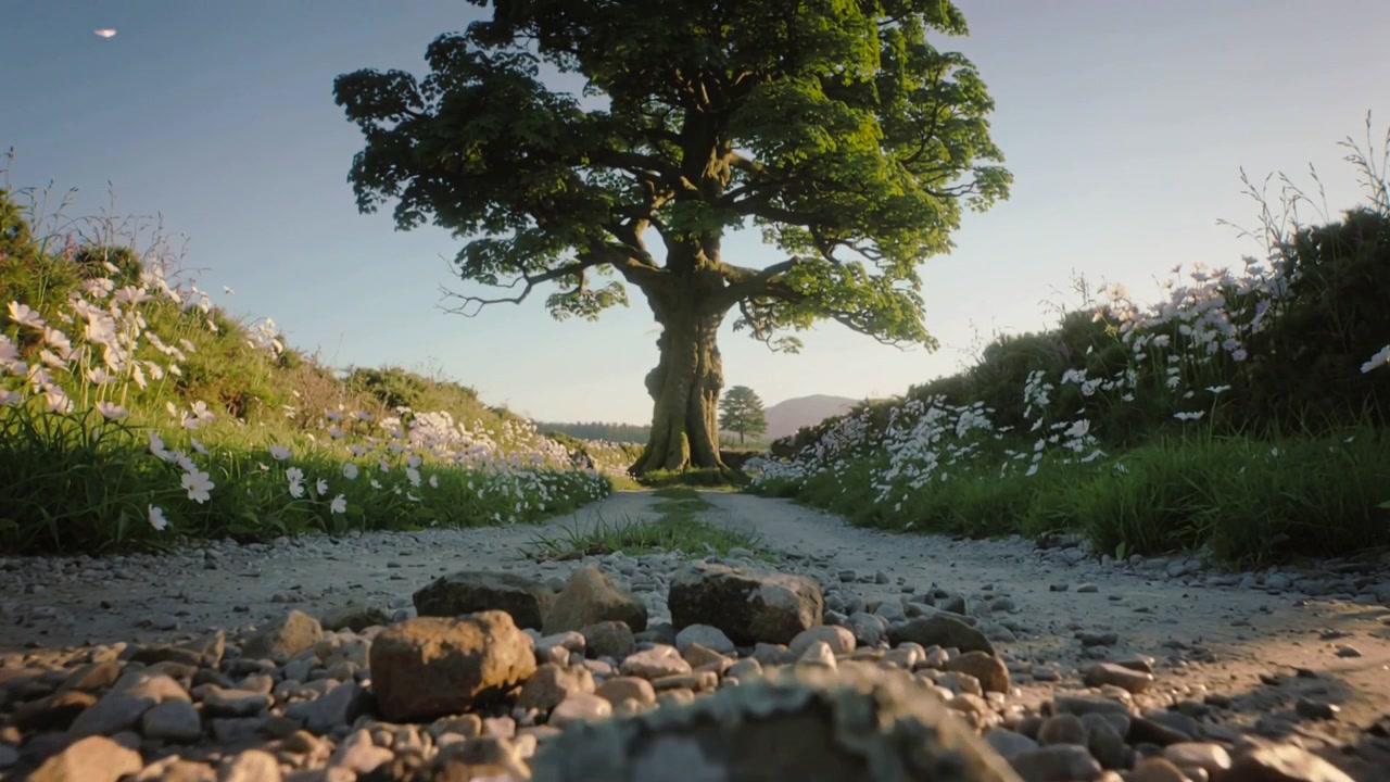 La telecamera si allontana dai ciottoli rivelando un albero a foglie larghe su un sentiero di ghiaia, con petali bianchi.