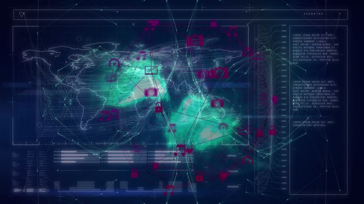 Animation of network of connections with icons over data processing on black background