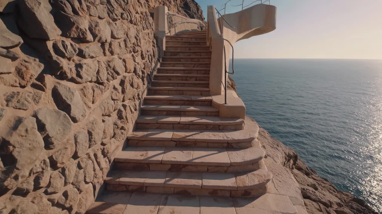 Sunlit cliffside stairs descending towards the calm mediterranean sea at sunset, creating a scenic view with a stone wall on one side and a metal railing on the other