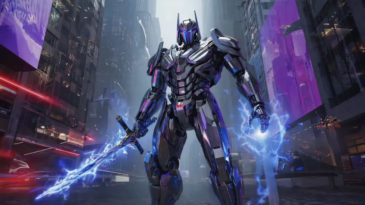 Futuristic Robot Warrior in Cityscape