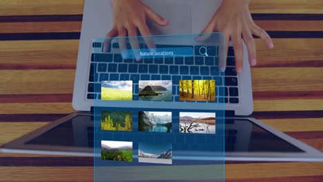 animación de la interfaz con ubicaciones de la naturaleza texto y paisajes sobre las manos usando computadora portátil