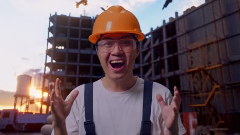 Asian Man Worker Saying Wow At Construction Site