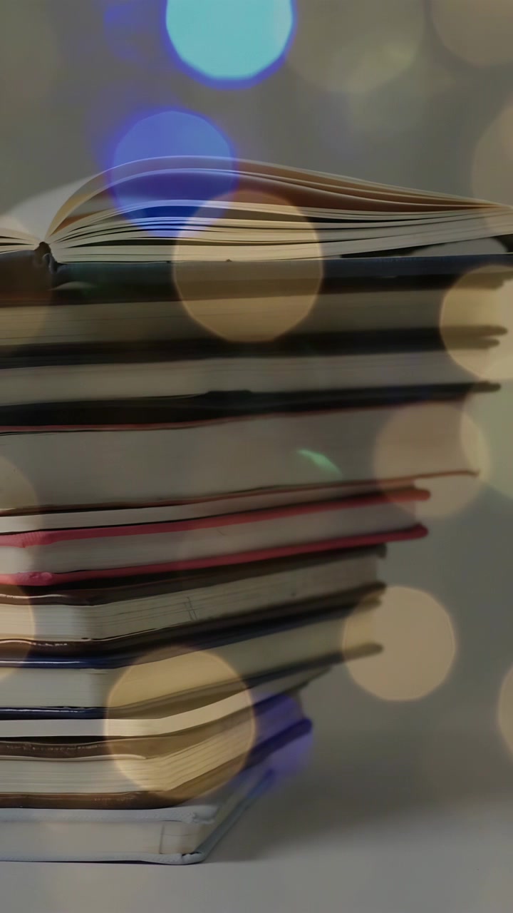 Vertical video: Bokeh showing camera panning revealing stack leak sliding showing spines pages