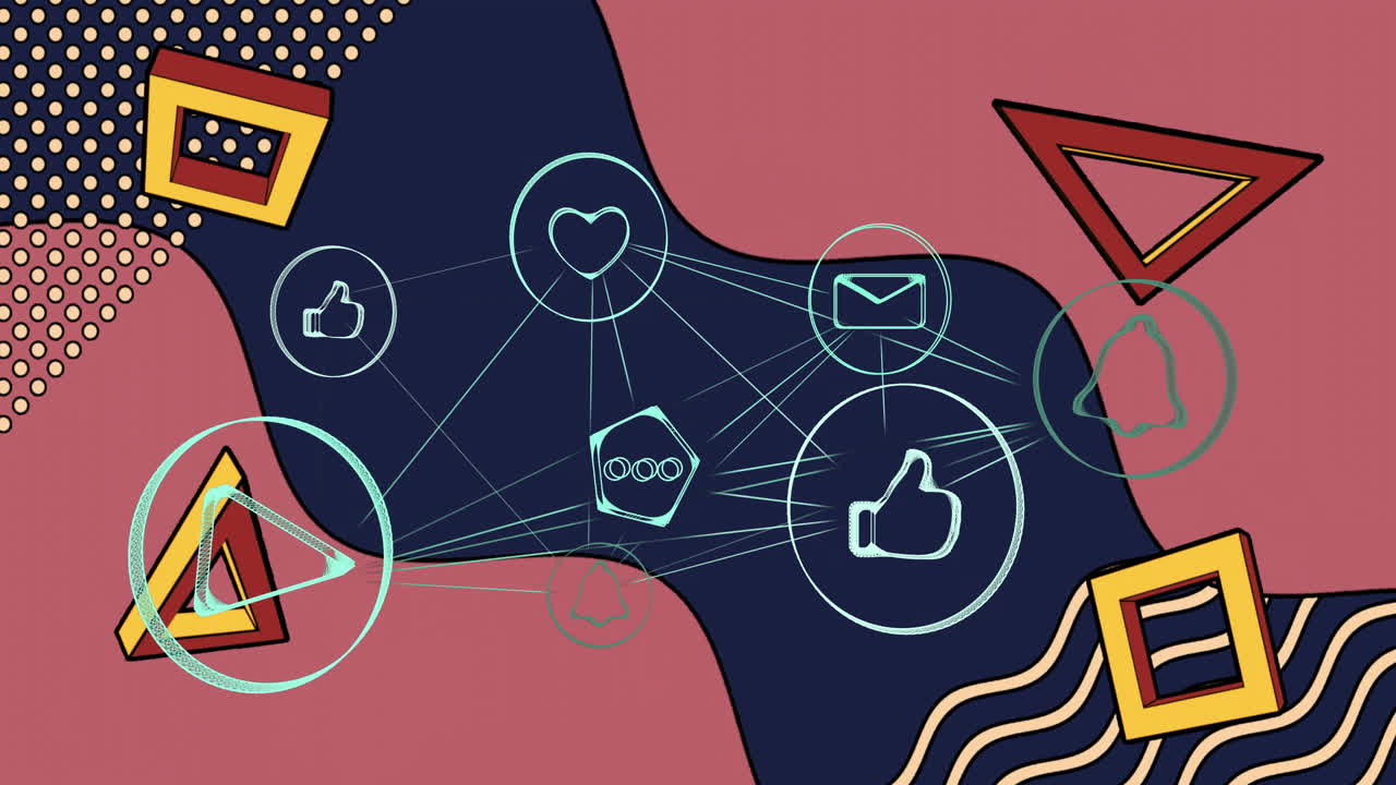 Animation of social media icons connecting over geometric shapes and patterns