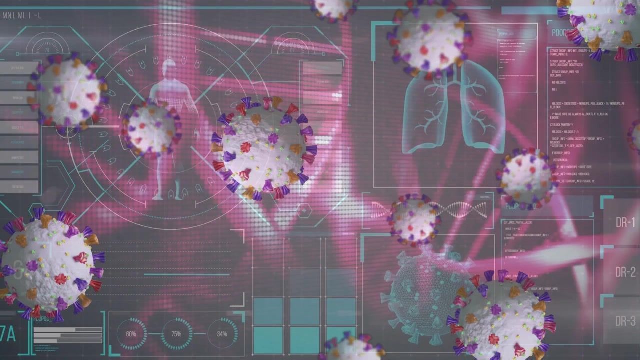 Digital Medical Interface Showing Coronavirus Cells and Human Anatomy