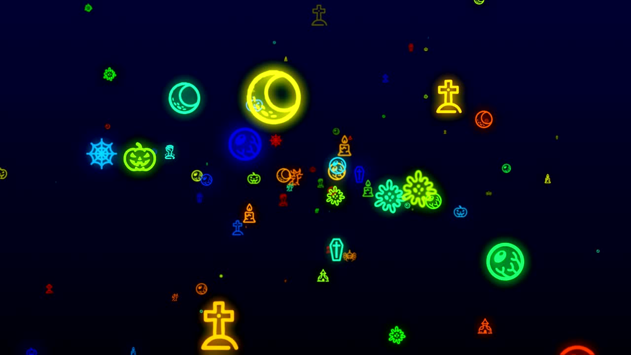 Icone di Halloween, loop di animazione. Sfondo con motivo continuo. Icone di Halloween multicolori appaiono e volano lentamente su sfondo nero
