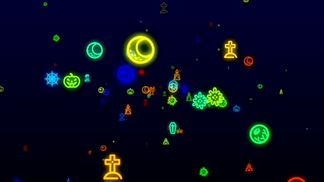 iconos de halloween, bucle de animación. fondo de patrón sin costuras. aparecen iconos multicolores de hallowee, vuelan lentamente sobre un telón de fondo negro