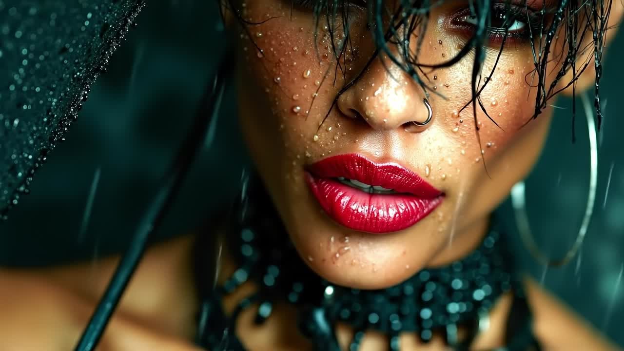 A woman with wet hair and red lipstick in the rain