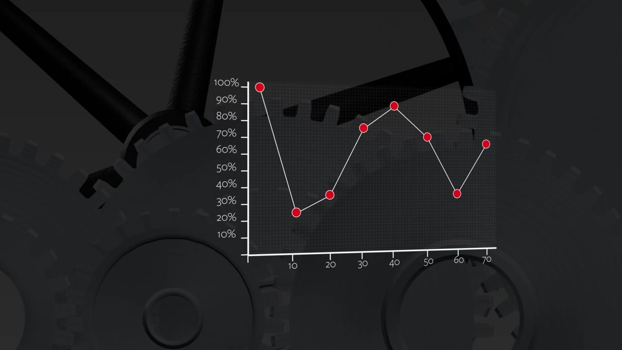 Animation of data processing over cogs on white background