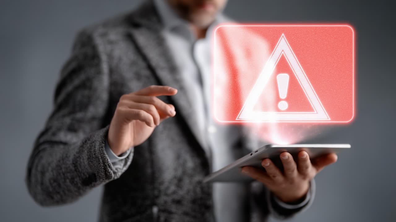 A business professional interacts with a digital device, displaying a warning symbol, emphasizing the importance of caution in technology and communication