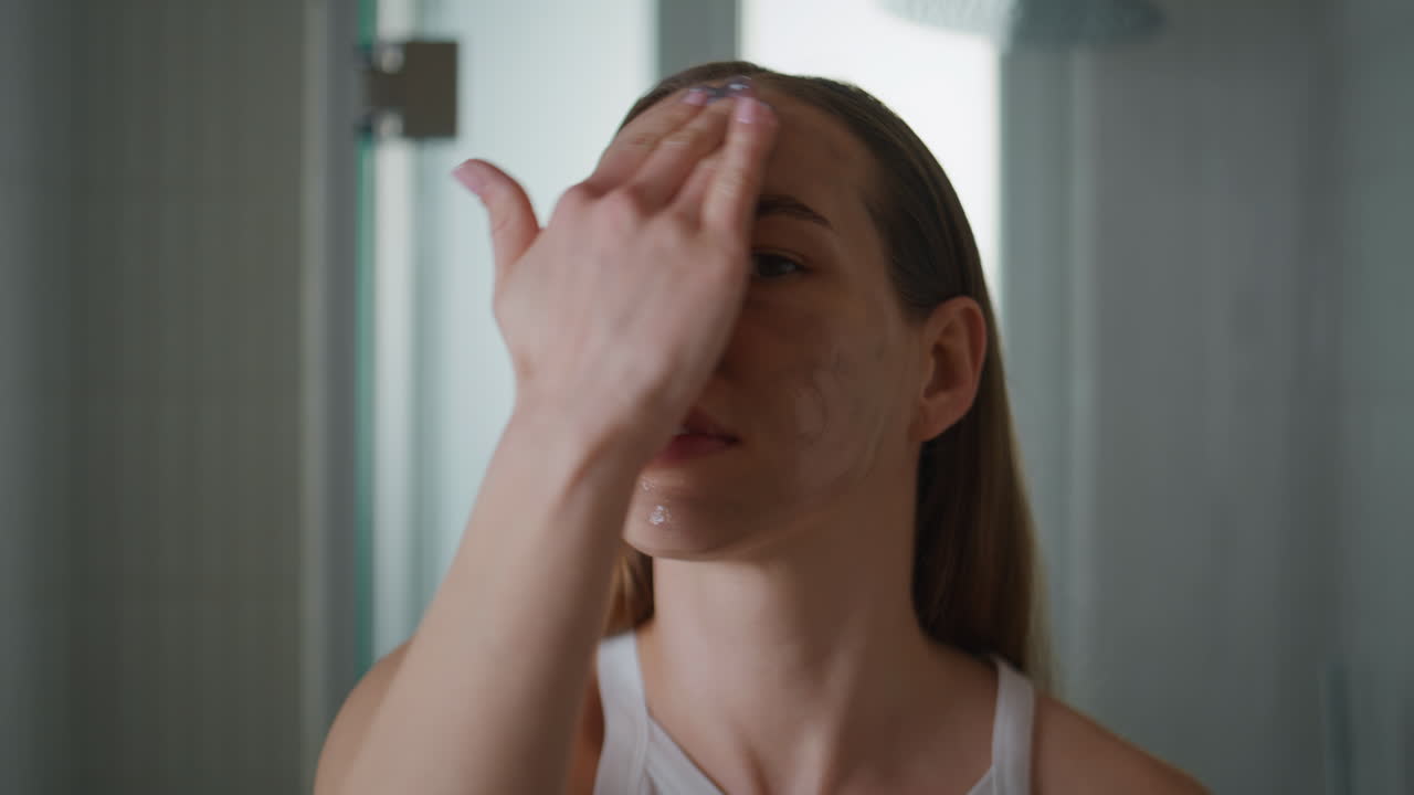 Closeup woman moisturizing face with beauty mask. Serene lady massaging skin