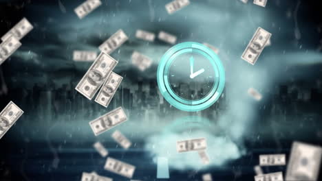 animation of moving clock and dollar bills falling over cityscape