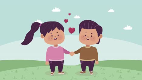 pequeños amantes con corazones en el campamento
