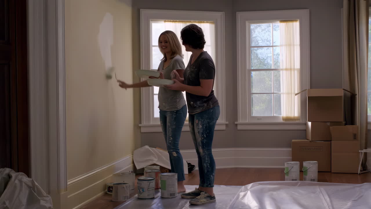 Two women painting a wall in a room