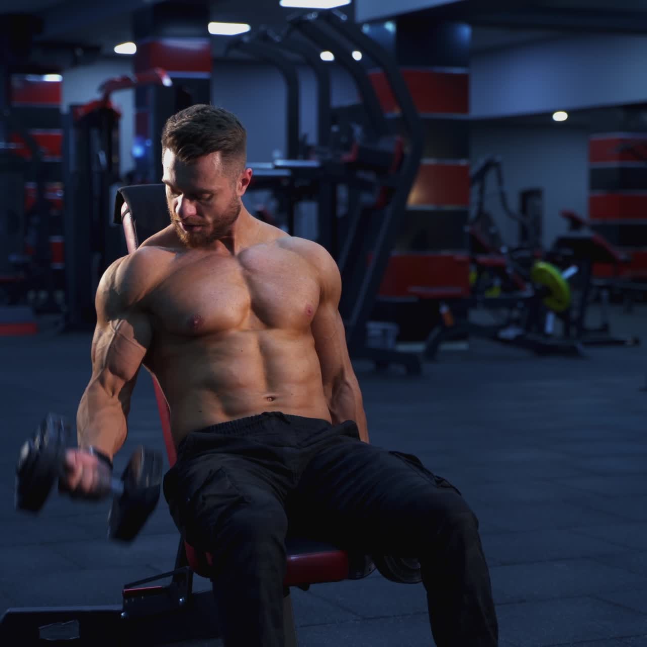 Bodybuilder professionista che si esercita in palestra. Atleta muscoloso a torso nudo che allena i suoi muscoli con i manubri mentre è seduto su una sedia in un centro sportivo.