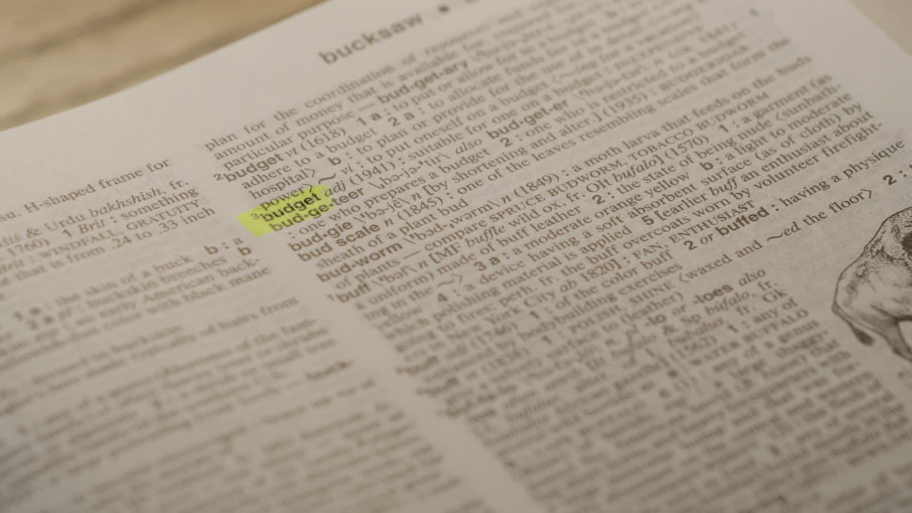 Budget Political Dictionary Highlighter Concept, highlighting a word in a dictionary to show it's definition