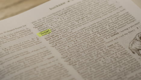 Budget Political Dictionary Highlighter Concept, highlighting a word in a dictionary to show it's definition
