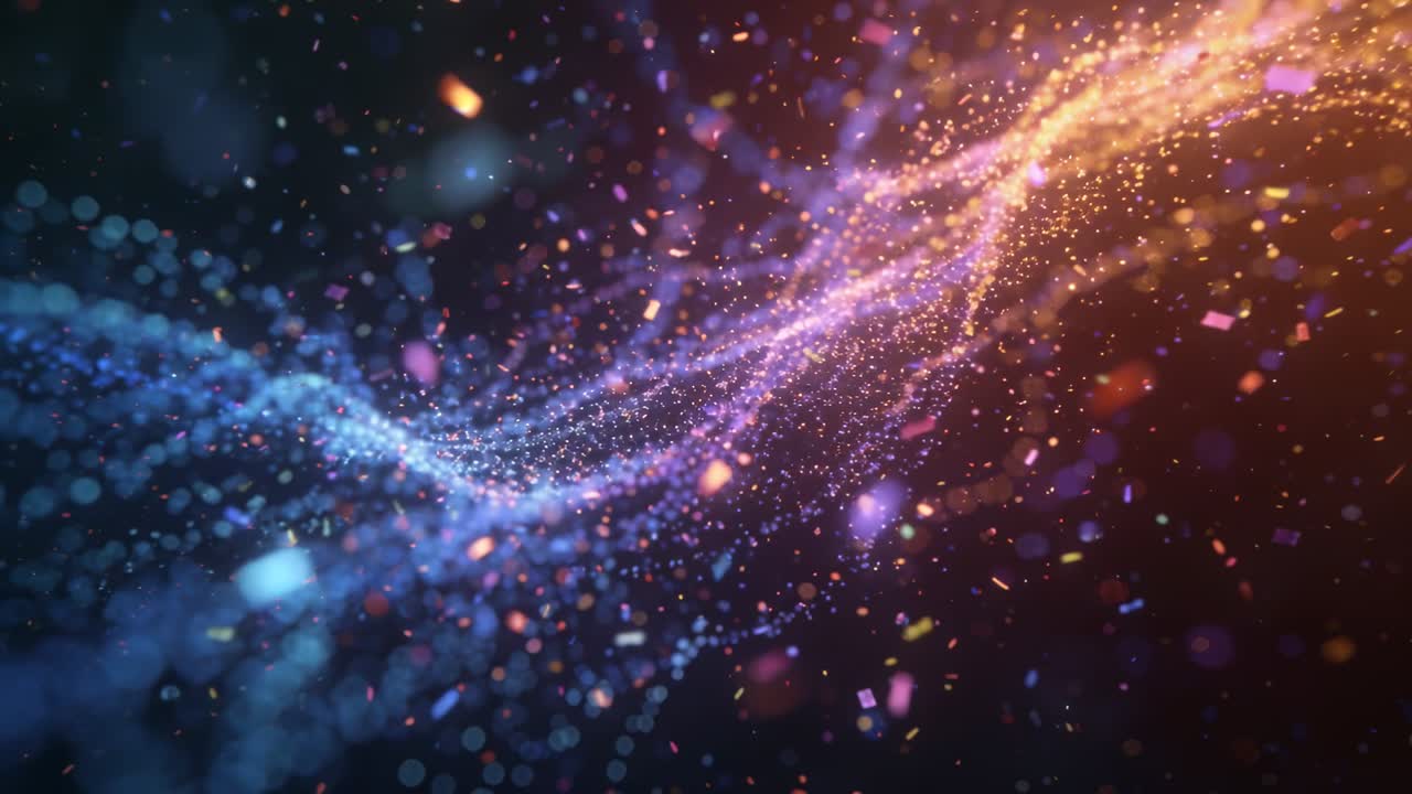 Una coppia fluente di nastri di particelle luminose che si avvicinano attraverso un vuoto oscuro, producendo un bagliore in evidenza.