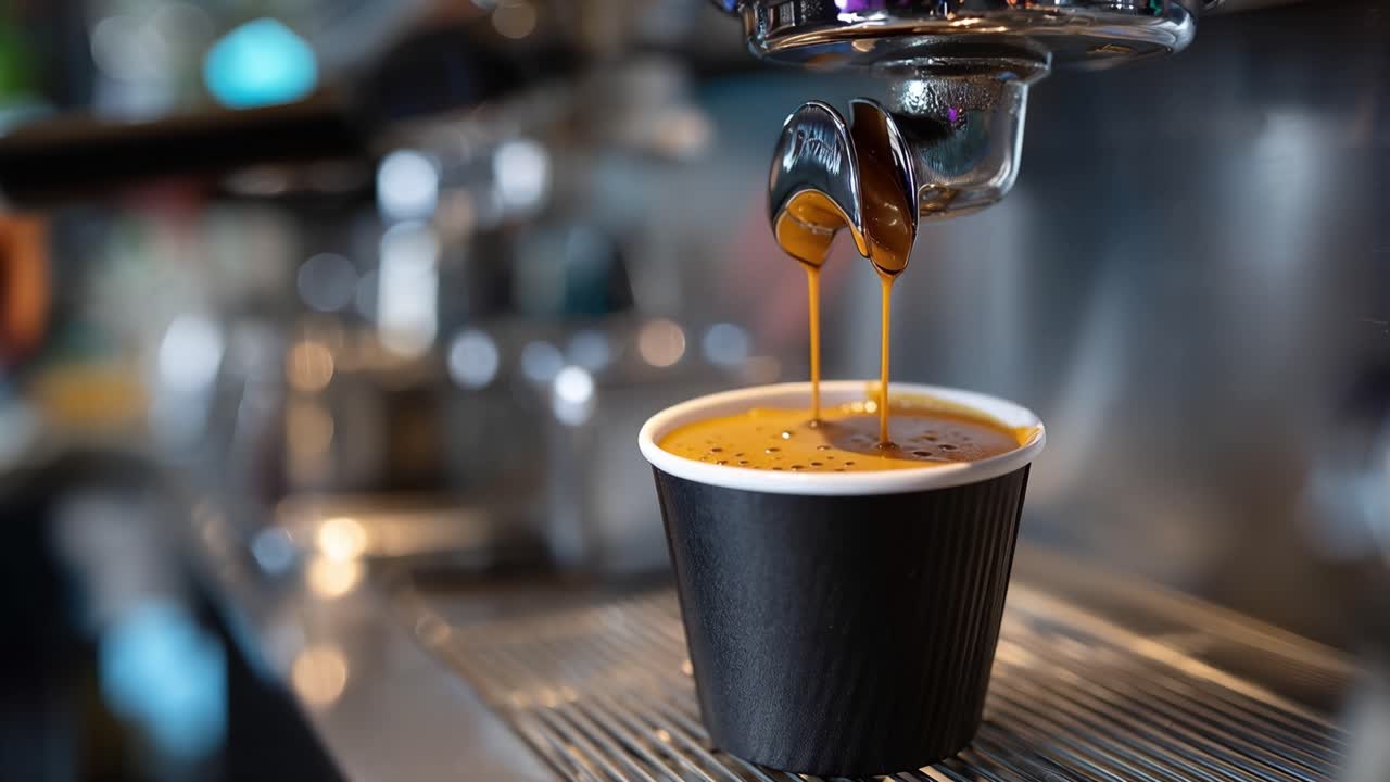 Coffee streams from machine into cup. Drip falls gently, rich and dark. Black cup holds freshly brewed coffee. Barista's hands steady the machine. Coffee shop ambiance feels warm and inviting