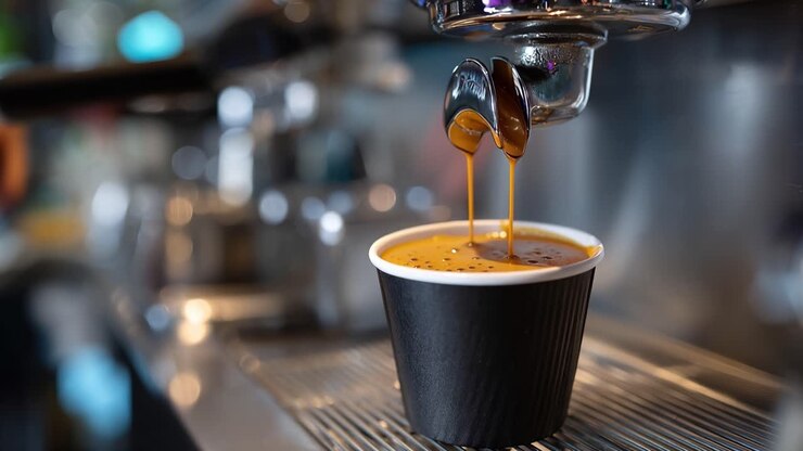 Coffee streams from machine into cup. Drip falls gently, rich and dark. Black cup holds freshly brewed coffee. Barista's hands steady the machine. Coffee shop ambiance feels warm and inviting