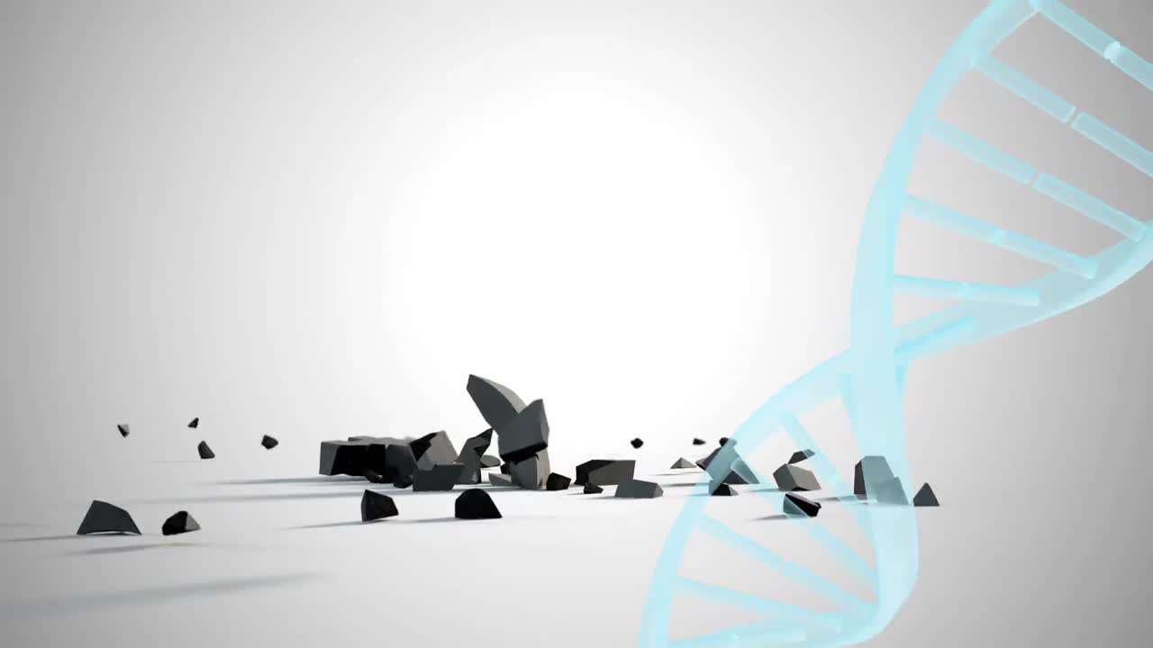 Dna structure spinning over euro currency symbol falling and breaking against grey background