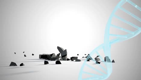 Dna-structure-spinning-over-euro-currency-symbol-falling-and-breaking-against-grey-background