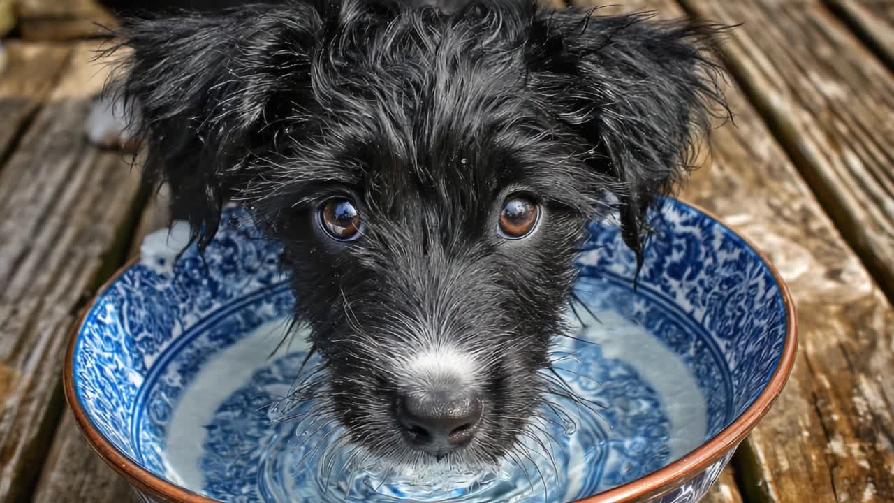 Curious Puppy with Big Eyes Enjoys a Refreshing Splash in a Decorative Bowl of Water, Captivating Expressions in Nature's Playful Moment