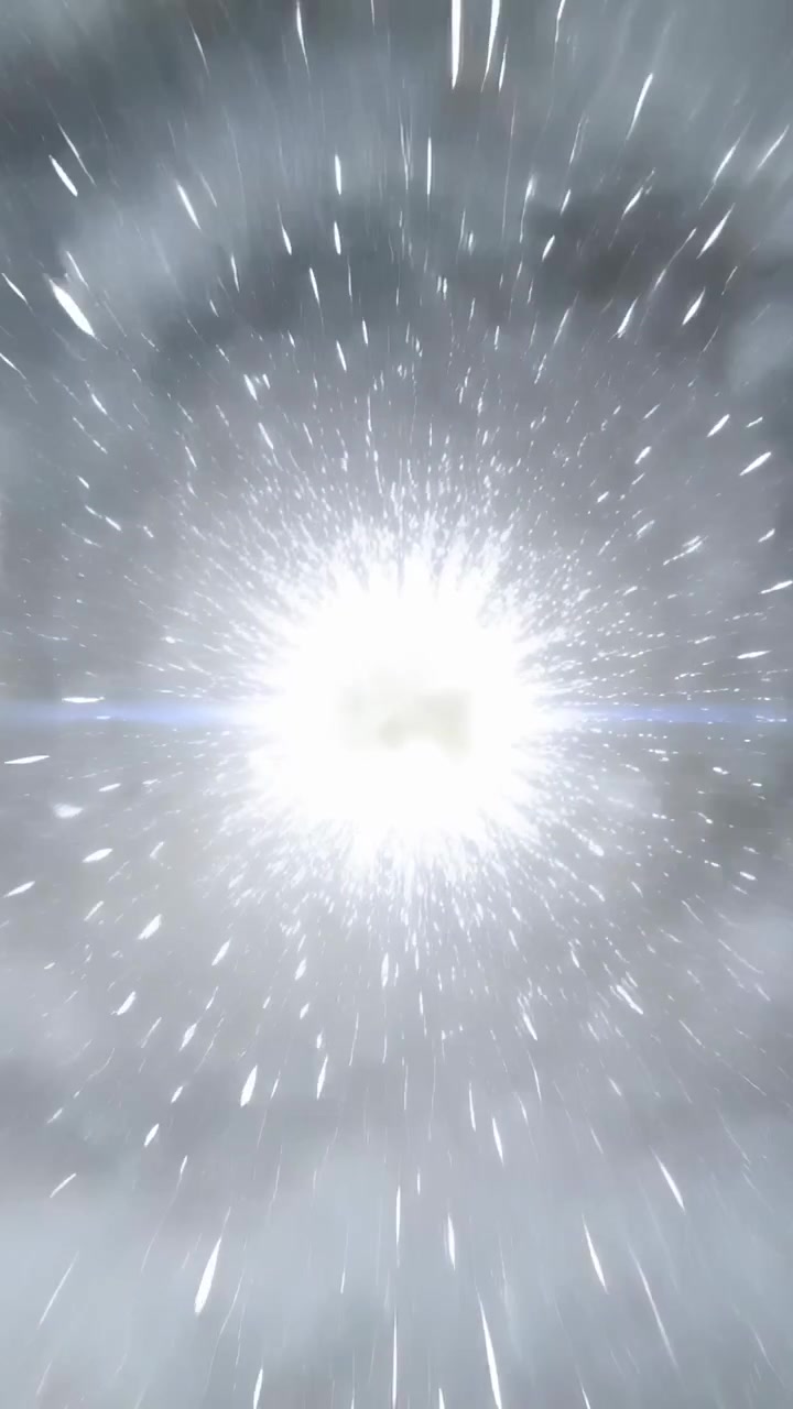 Video verticale: Nucleo luminoso lampeggiante che innesca un'espansione in uno studio buio, emettendo scintille, bagliori e riflessi.