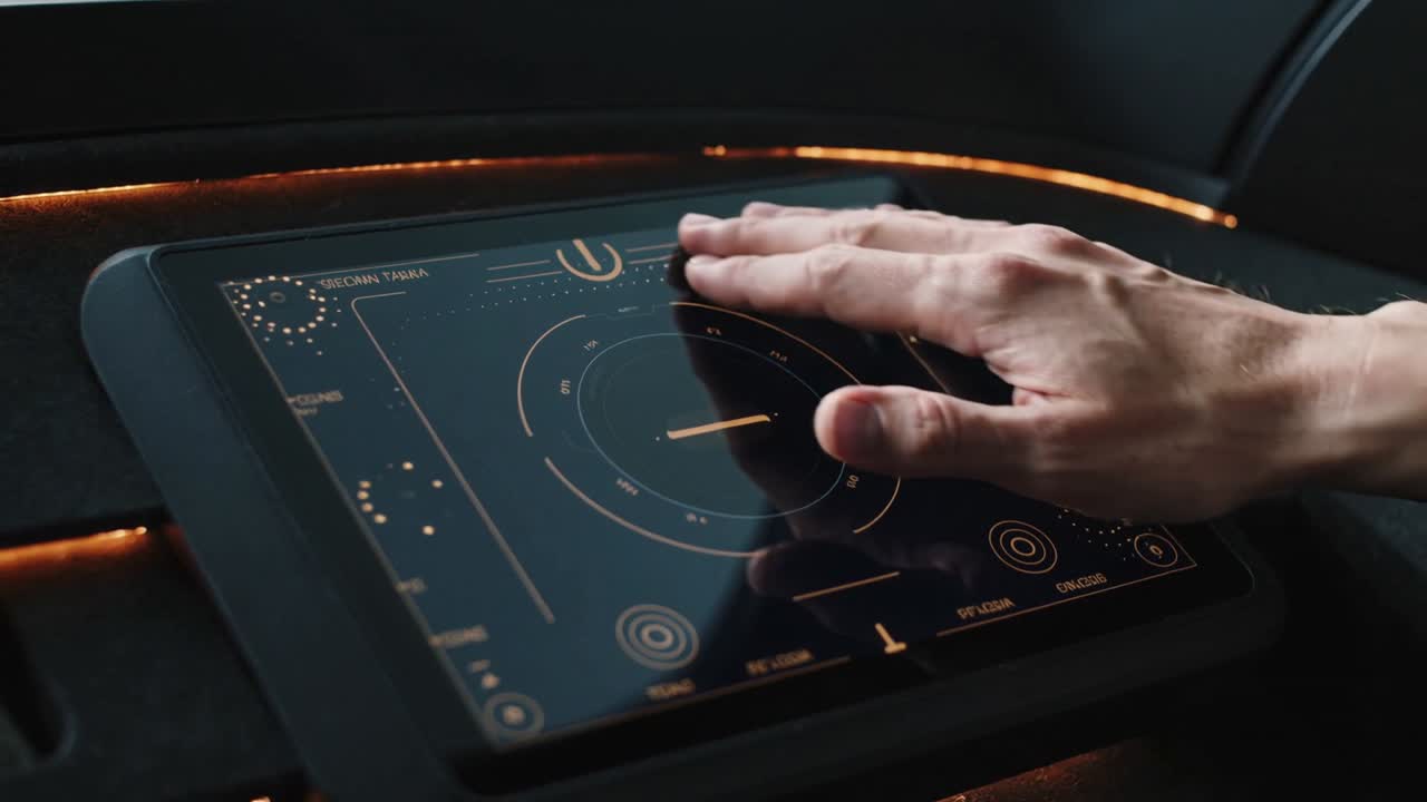 Reaching right hand pressing central circular control on vehicle console touchscreen, activating UI