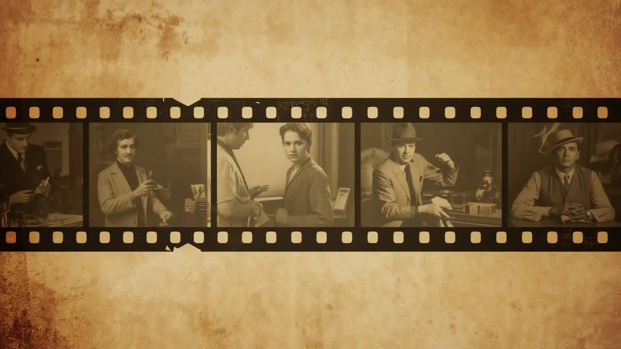 Reel rolling, sliding sepia filmstrip showing portraits on parchment, sitters period-clad gesturing