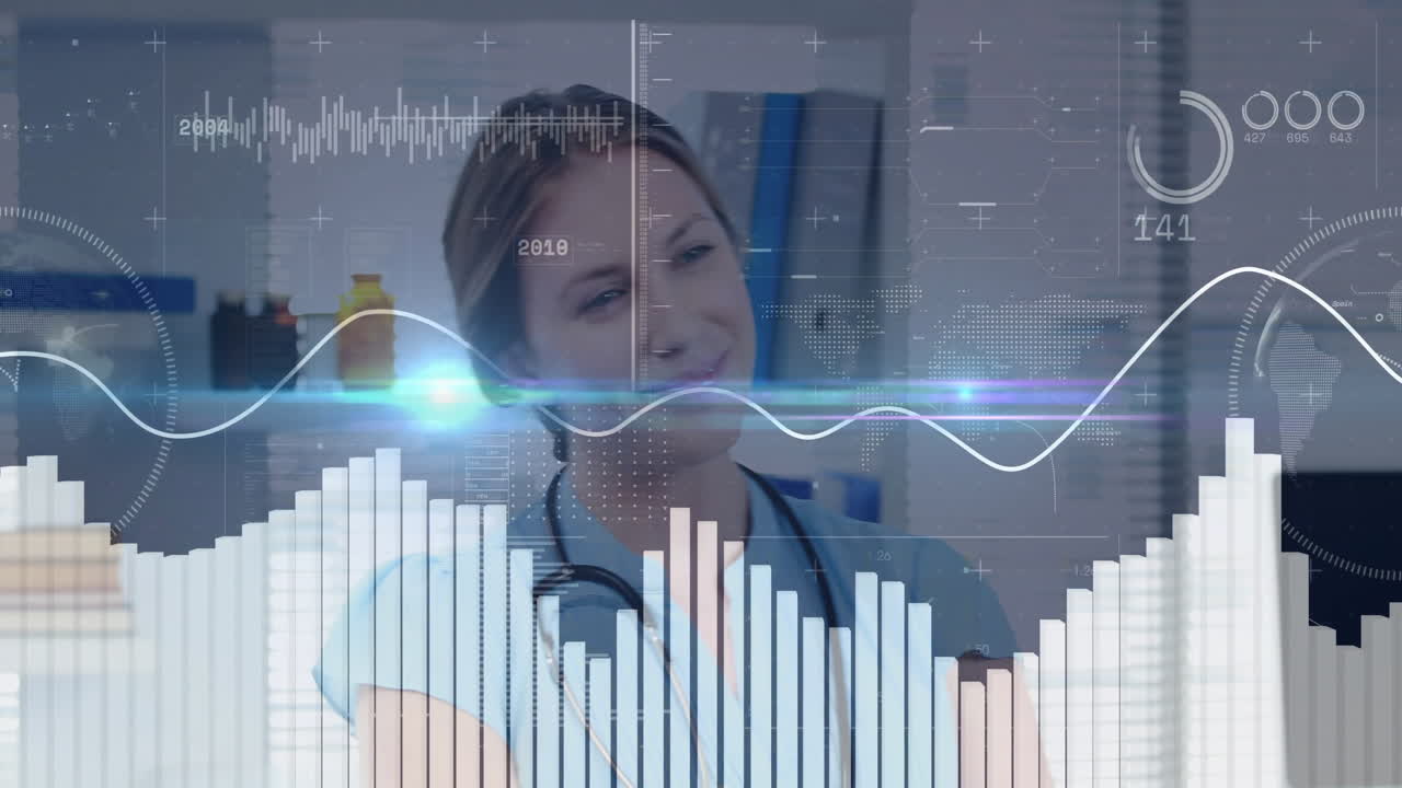 Female doctor consulting patient with stethoscope in medical clinic, displaying charts, world map