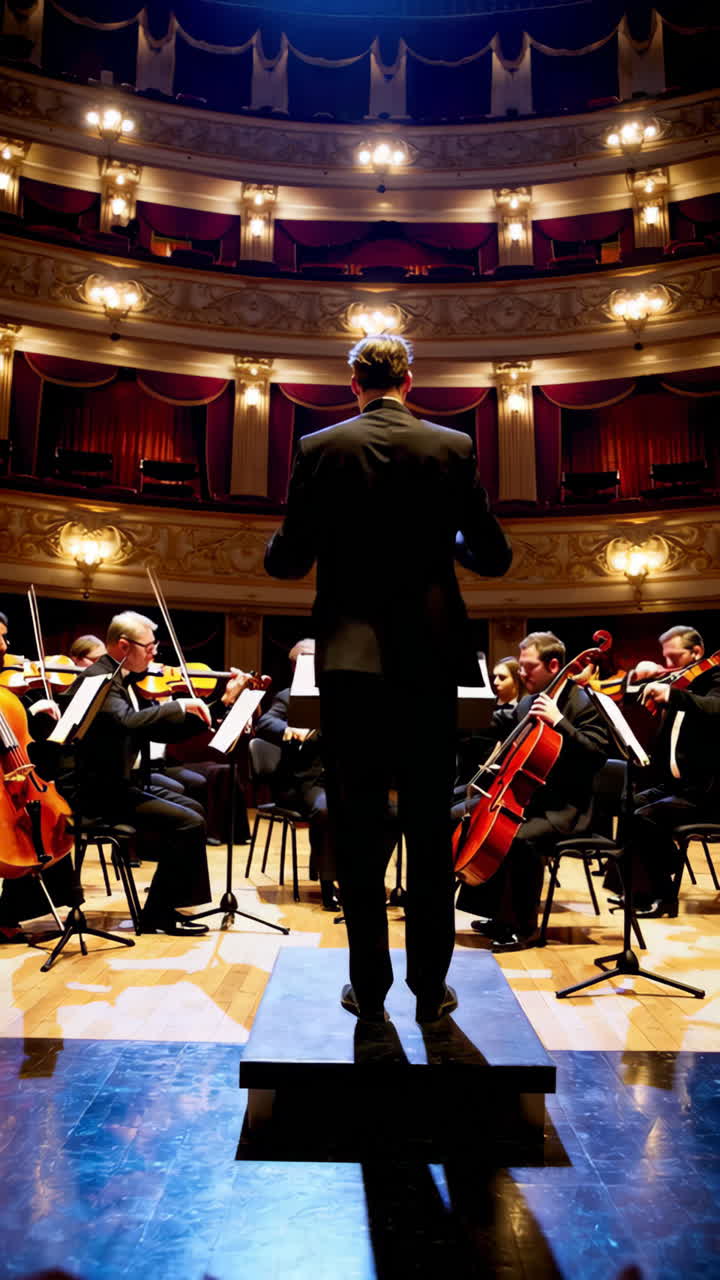 Orchestra Performing with Conductor on Stage