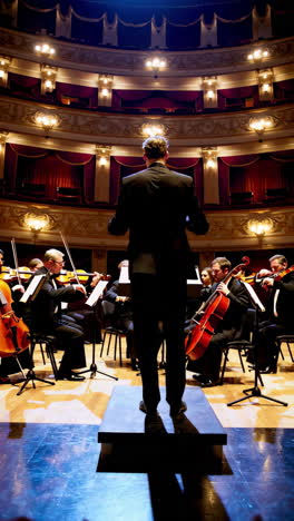 orchestra performing with conductor on stage