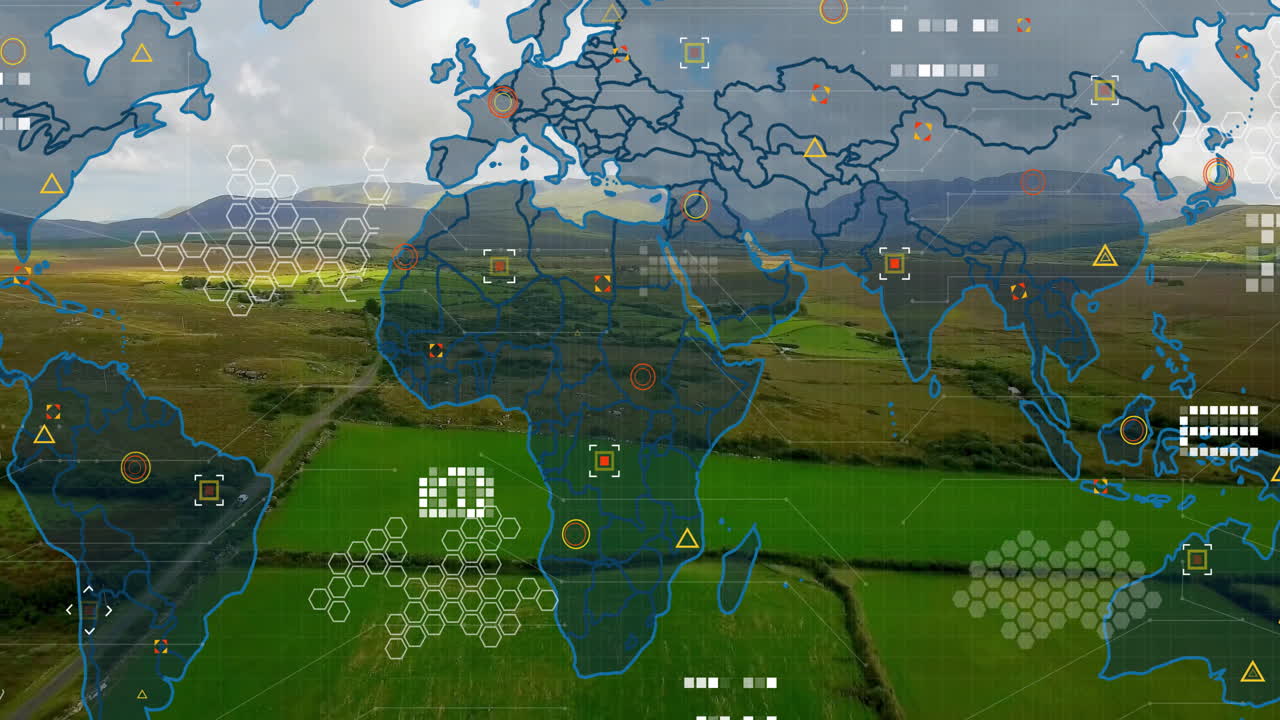 Animation of world map with data visualization over lush green agricultural fields