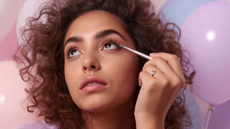 Aufnahme startet, Frau trägt mit einem Pinsel Eyeliner auf, um den Look im Studio mit pastellfarbenen Ballons zu zeigen