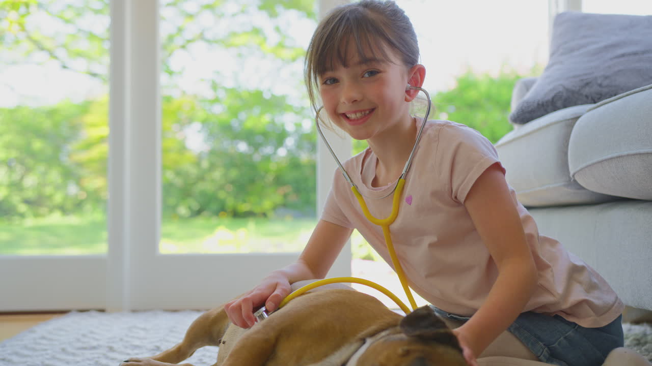 집에서 수의사인 척하는 소녀가 스테토스코프로 반려동물 프랑스 불도그를 검사하고 있습니다.