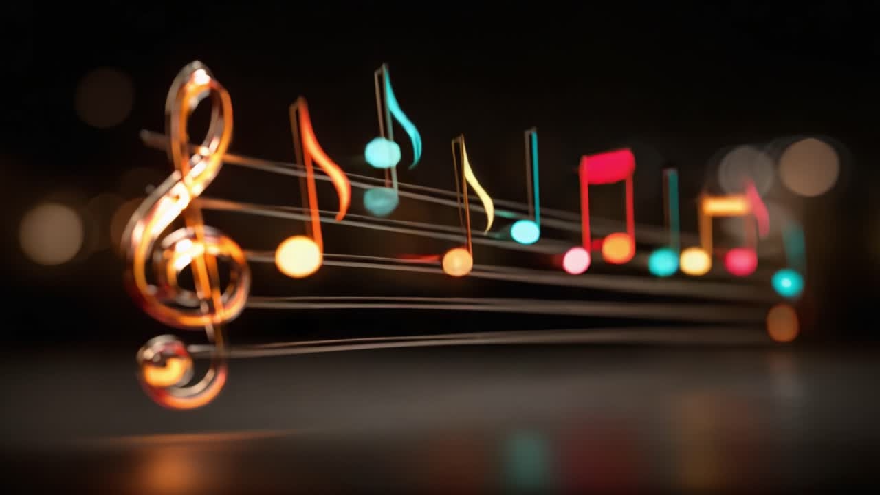 Uno spettacolo ipnotico di note musicali colorate che scorrono elegantemente su uno sfondo scuro, catturando l'essenza del ritmo e della melodia in un modo visivamente sbalorditivo.