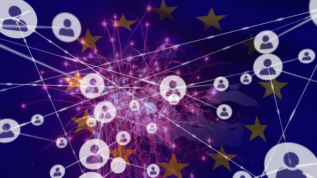 Animazione di rete di connessioni su bandiera dell'UE
