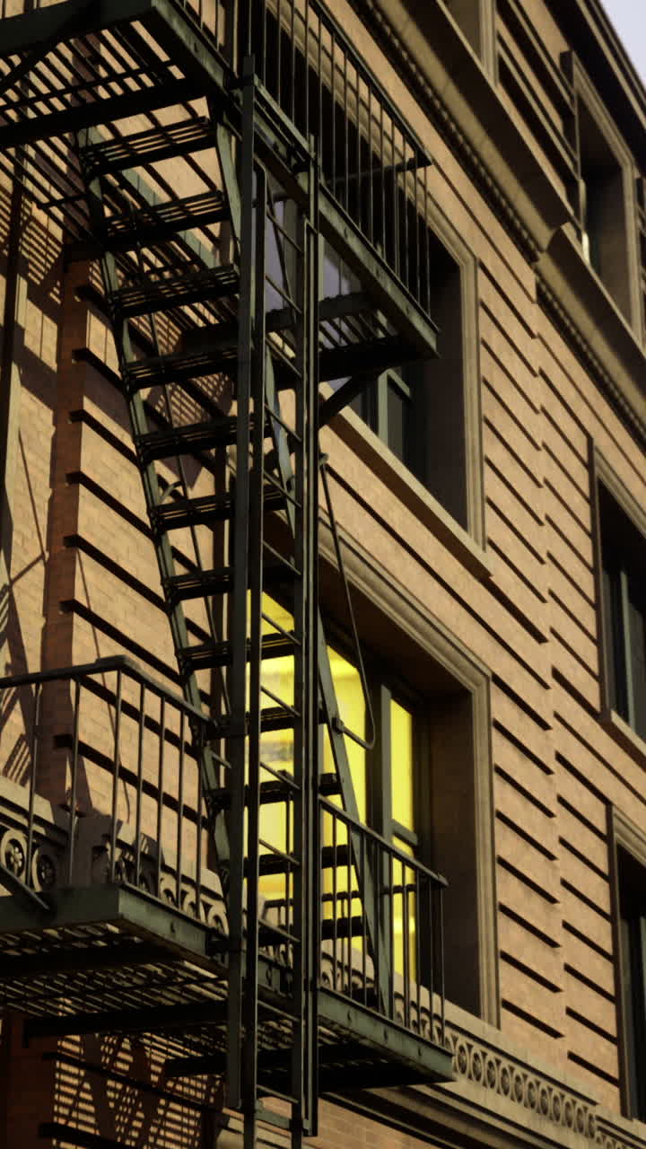 Fire escape on a city building at sunset with contrasting warm hues