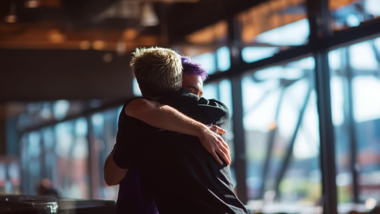 Embracing Connection: Two Individuals Share a Heartfelt Moment of Comfort and Joy in a Sunlit Setting, Highlighting the Beauty of Friendship and Support in Everyday Life