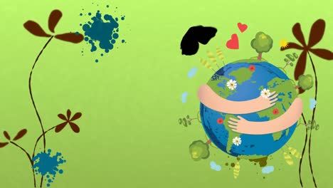 animación de globo y flores sobre fondo verde