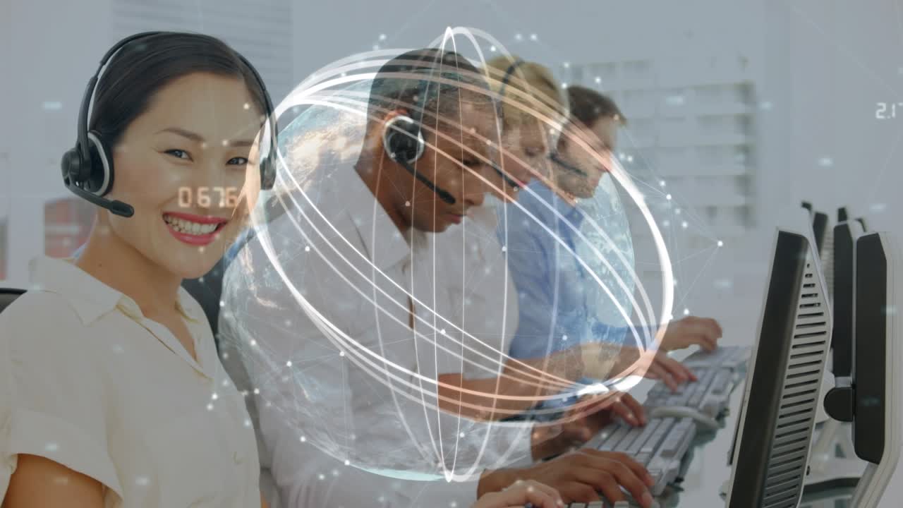 Animation of data processing over diverse business people using phone headsets