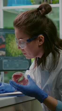 a scientist examining a vegan food sample in a petri dish in a laboratory, with a computer in the background